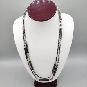 Gunmetal Black Long Layered Statement Necklace Tube Beads Crystal Accents 44"